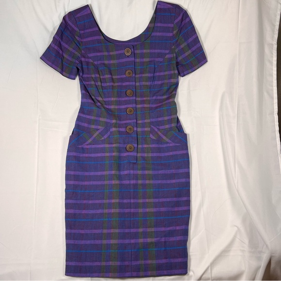 Vintage Dresses & Skirts - Vintage Santa Fe Linen Cotton Plaid Purple Dress with Large Button Detail Size 6